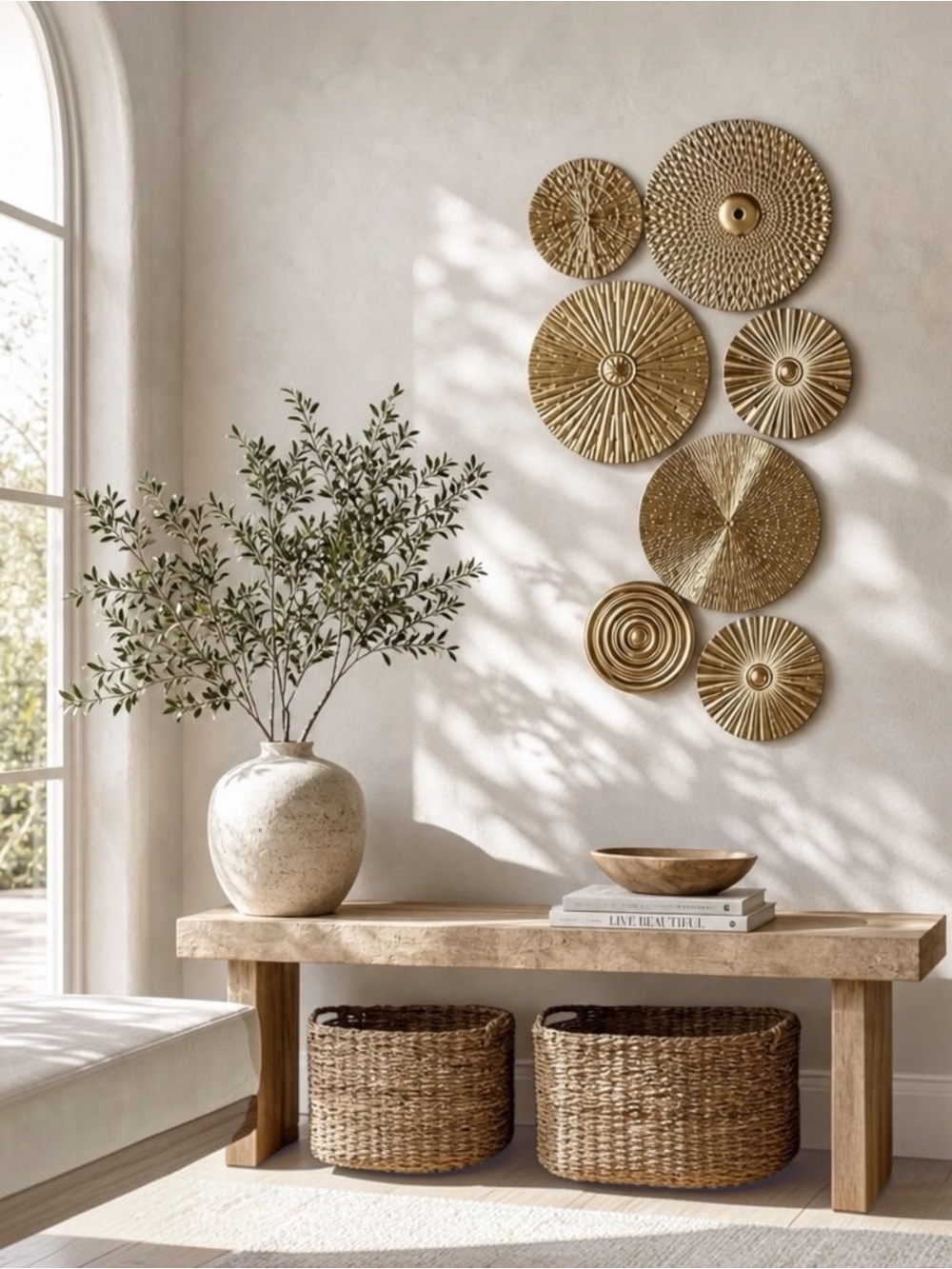 NEW West Elm XL Gold Boho Metal Abstract Wall Hanging Baskets Plates - Set of 7